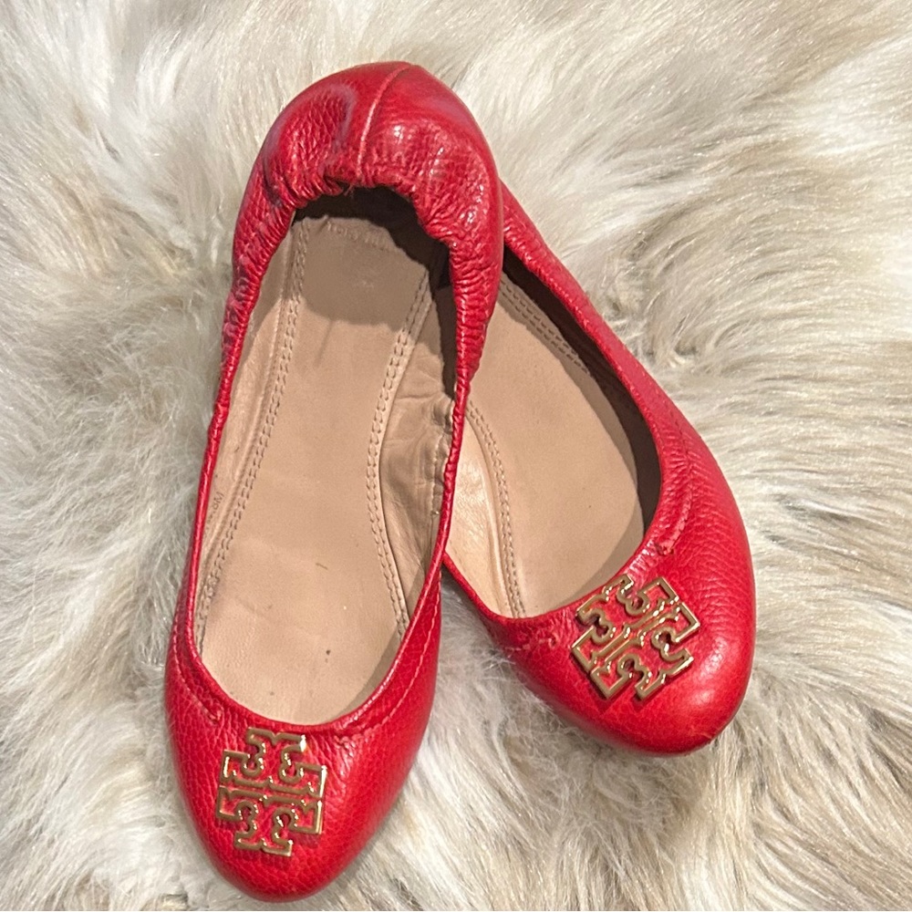 Tory Burch, Red Leather Casual Flats w/ Gold Emblem